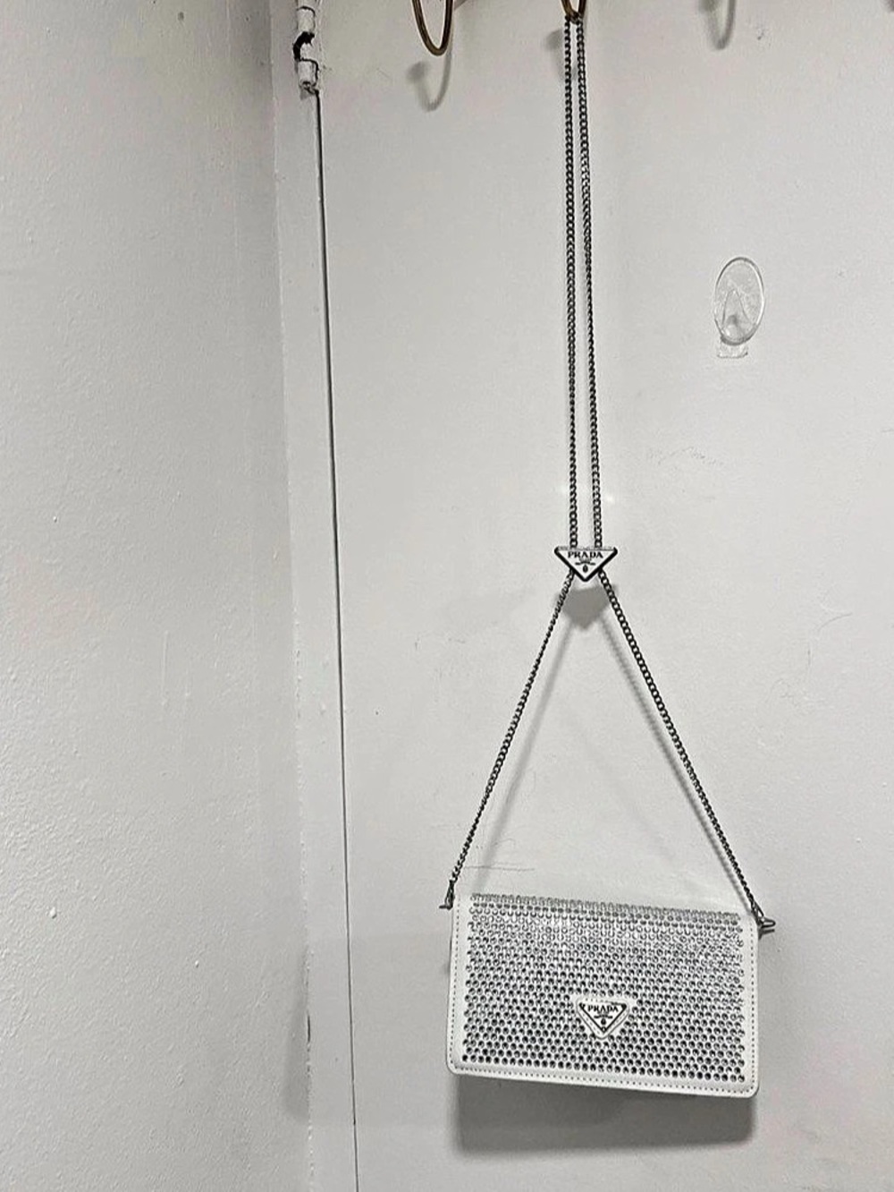 Prada Crystal-Embellished Wallet on Chain White